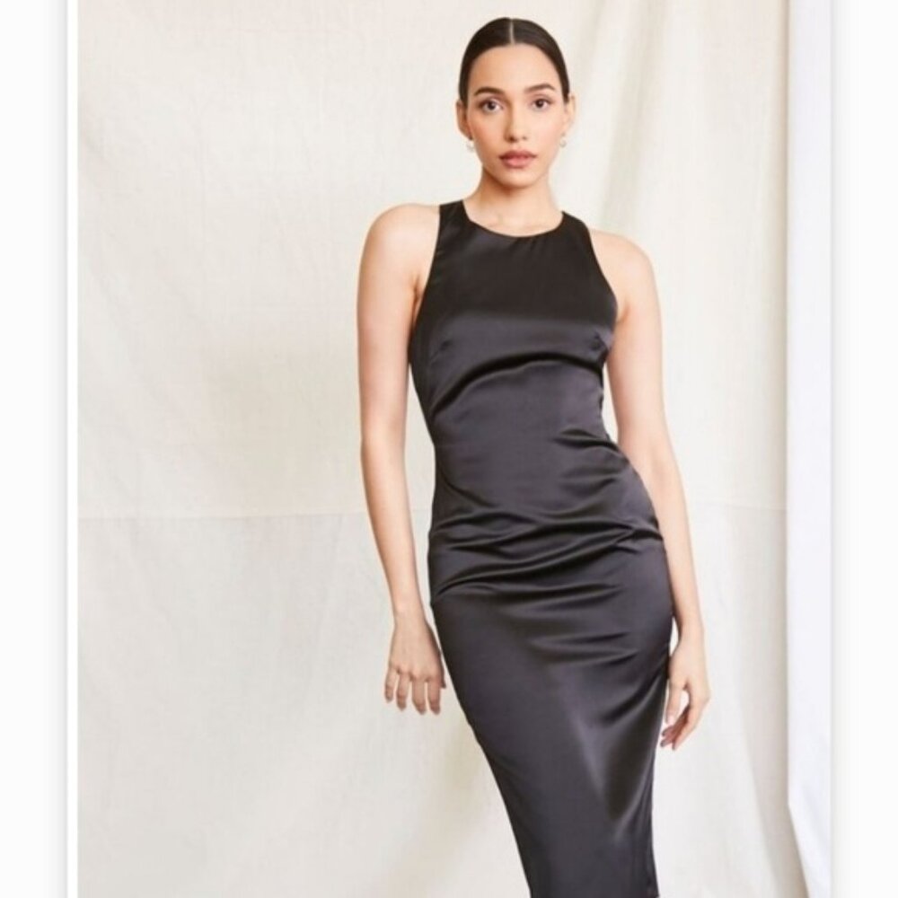 Black Satin Backless Midi Dress